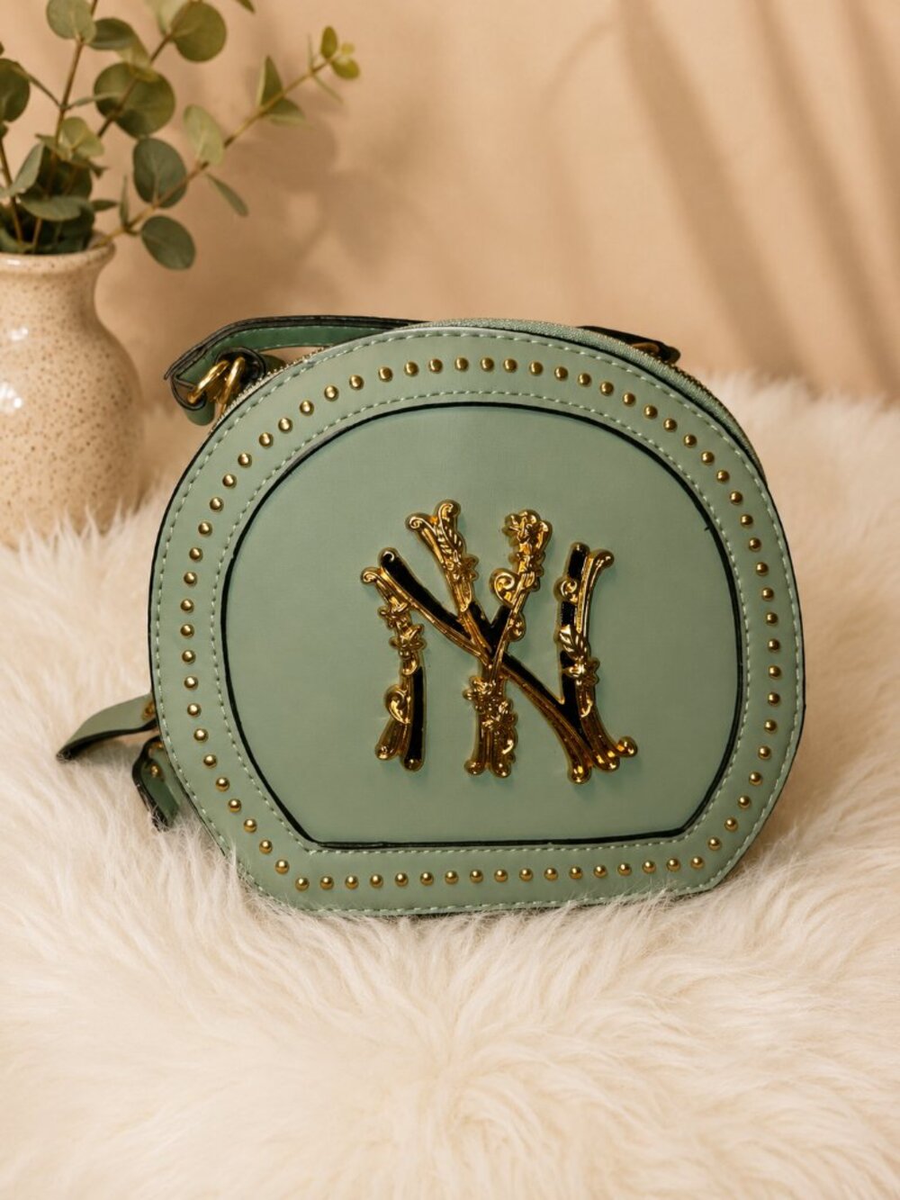 NY Yankees Inspired Sage Green Round Crossbody Bag Studded Purse Gold Hardware